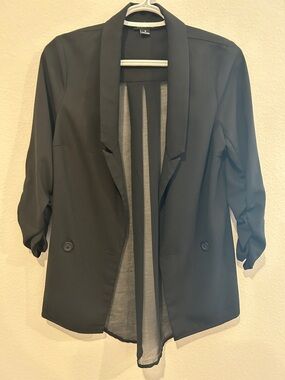 Audrey Ann Black Open-Front Blazer with Ruched Sleeves and Sheer Back
